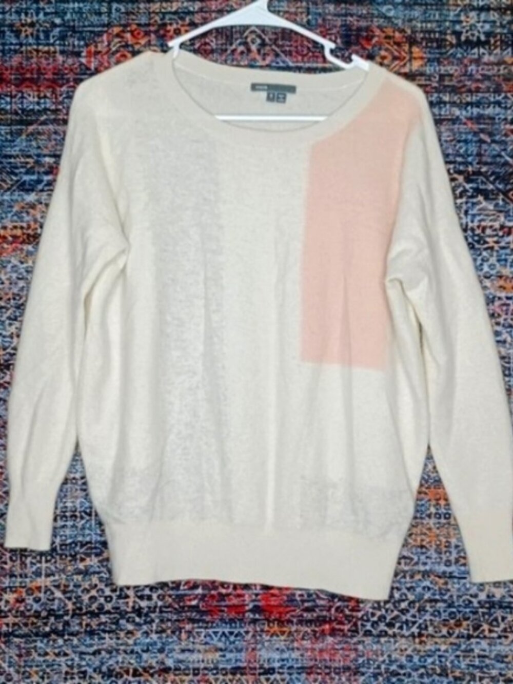 vince. womens cream pink 100% Cashmere Colorblock 3/4 sleeve crewneck sweater S